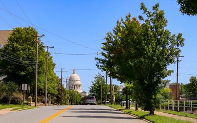 Street view of the Arkansas State Capitol dome in Little Rock