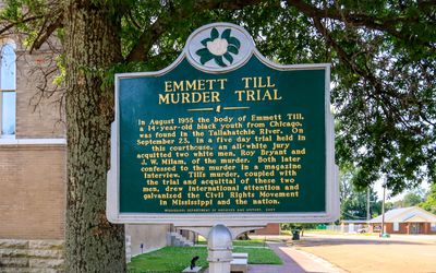 Sign detailing the issues surrounding the Till Murder Trial in Emmett Till and Mamie Till-Mobley NM 
