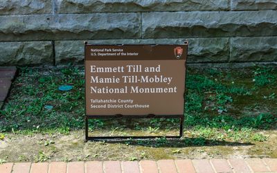 Park Service sign at the Tallahatchie County Courthouse in Emmett Till and Mamie Till-Mobley NM