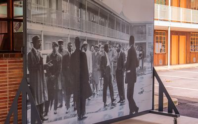 Image of activists, including Martin Luther King Jr., in the courtyard of the A. G. Gaston Motel in Birmingham Civil Rights NM