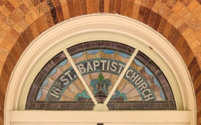 Stained glass window above the entryway in Birmingham Civil Rights NM