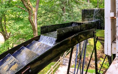Water pours onto the water wheel at the Mill Springs Grist Mill in Mill Springs Battlefield NM
