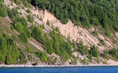 Dunes reach the lake as seen from the ferry in Sleeping Bear Dunes NL