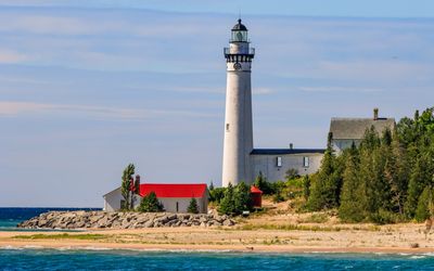 View of South Manitou Island Lighthouse as seen from the ferry in Sleeping Bear Dunes NL