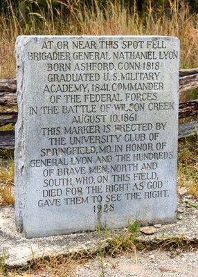Marker for General Lyon, the first Union General to die in the Civil War, in Wilsons Creek NB