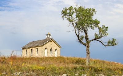 The one-room Lower Fox Creek School (1882) in Tallgrass Prairie National Preserve