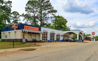 Old Gulf Oil Service Station and Rexall Drug store in Plains, Georgia