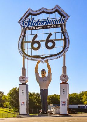 Sign for Motorheads Bar & Grill along Route 66 in Chatham, Illinois 