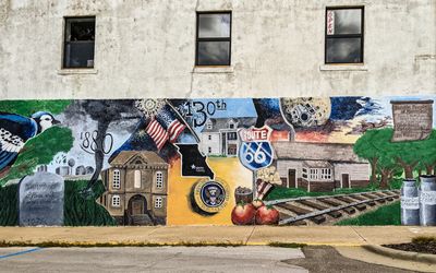 Mural dedicated to the towns history along Route 66 in Marshfield Missouri