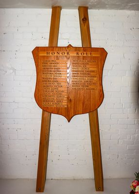 Honor roll shield with the names of the 31 men killed in action during WWII in Amache NHS