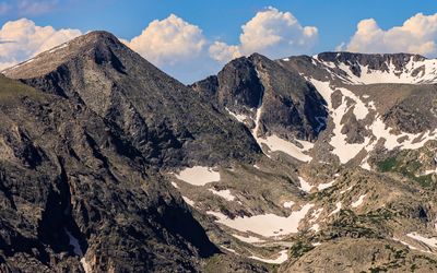 Peaks with pockets of snow and ice in Rocky Mountain NP