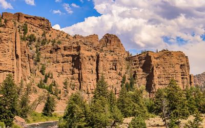 View of cliffs rising above the Shoshone River in Shoshone National Forest
