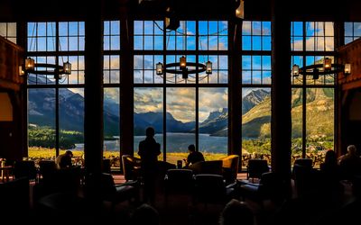 View of the Upper Waterton Lake area from inside the Prince of Wales Lodge in Waterton Lakes NP