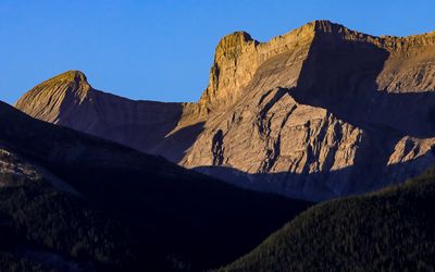 Sheer mountain cliffs in early morning light in Jasper NP