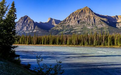 Mountain peaks with a glacial river in the foreground in Jasper NP