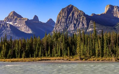 Towering mountain peaks beside an turquoise river in Jasper NP