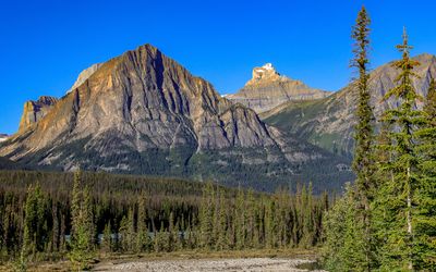 Mountain peaks in morning sunlight in Jasper NP