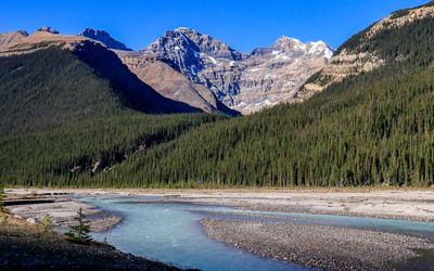 Rugged mountains above a turquoise river in Jasper NP