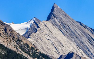 Rugged peak above Coronet Glacier as seen from Maligne Lake in Jasper NP