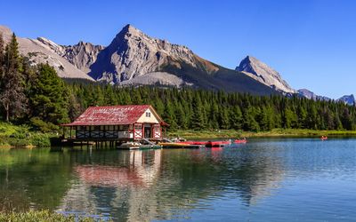 Mountains and a boat house frame the waters of Maligne Lake in Jasper NP
