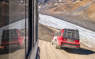 An Ice Explorer on the road to the Athabasca Glacier in the Jasper NP Icefield