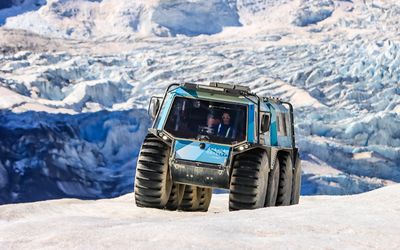 SHERP vehicle exploring on the Athabasca Glacier in the Jasper NP Icefield