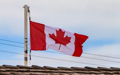 Canadian Maple Leaf flag flies in Fort Macleod