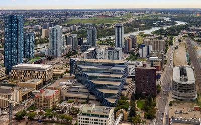 View of the Bow River as seen from the Calgary Tower in Calgary