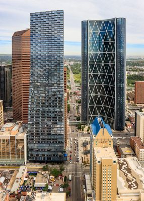 Telus Sky Tower (left) and The Bow (right) as seen from the Calgary Tower in Calgary