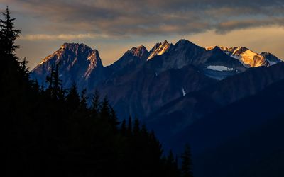 Sunrise on the Selkirks Mountains as seen from Rogers Pass in Glacier NP