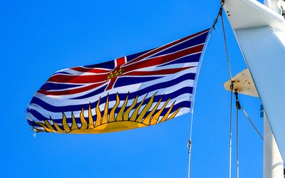 The British Columbia flag flying from our ferry along the Caravan Ferry Crossing Route