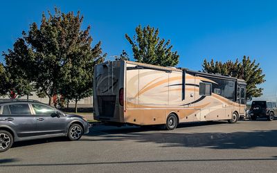 My RV at the rally point for our ferry crossing along the Caravan Ferry Crossing Route