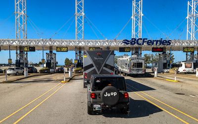 Lining up at the BC Ferries check in plaza along the Caravan Ferry Crossing Route