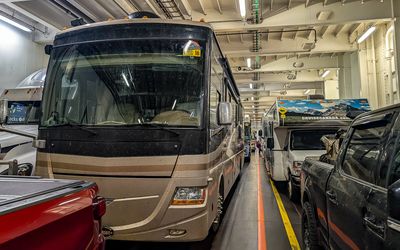 My RV loaded on the ferry along the Caravan Ferry Crossing Route