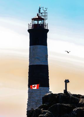 The Canadian flag is illuminated by the sun in front of the Race Rocks Lighthouse as seen on the Whale Watching Tour