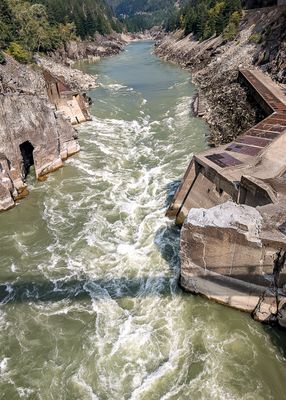 View of the Fraser River rapids and the fishway at Hells Gate