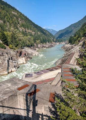 The Fraser River runs through Fraser Canyon as seen from above the fishway at Hells Gate