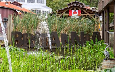 The Britannia sign and pond at the Britannia Mine National Historic Site
