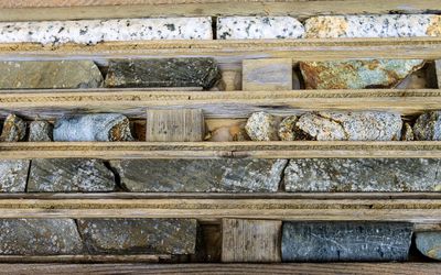 Closeup of a core sample tray in the Core shed at the Britannia Mine National Historic Site