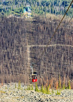 Looking down on the Jasper SkyTram from Whistlers Mountain in Jasper National Park