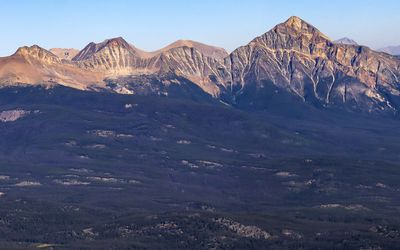 Pyramid Mountain (right, 9,064 ft) as seen from Whistlers Mountain in Jasper National Park