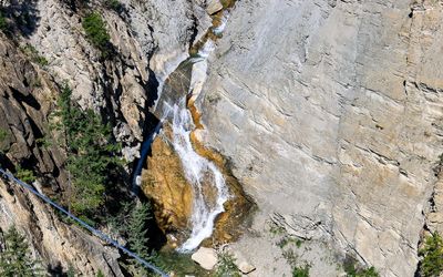 Waterfall, 426 feet below, from the suspension bridge at Golden Skybridge