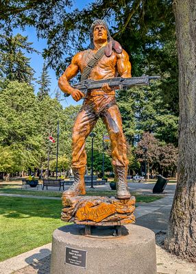 Carving of Sylvester Stallone from his movie First Blood filmed in Hope, British Columbia