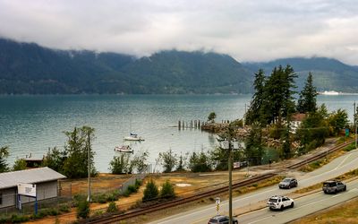 Mountains and port as seen from the Britannia Copper Mill in British Columbia