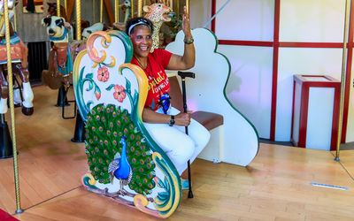 Dani opts for a bench on the Rose Carousel in Butchart Gardens