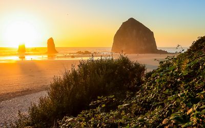 The Needles and Haystack Rock (235 ft) before sunset as seen from above Cannon Beach