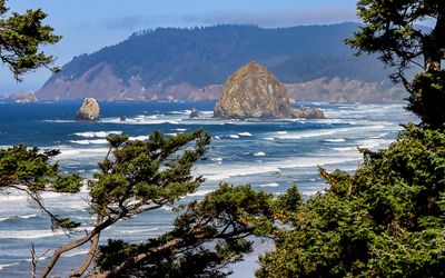 Closeup of Cannon Beach and Haystack Rock along the Oregon Coast