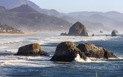 Haystack Rock and other sea stacks as seen from Ecola State Park along the Oregon Coast