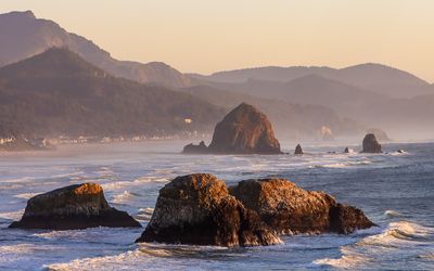 Haystack Rock and sea stacks as seen from Ecola State Park along the Oregon Coast