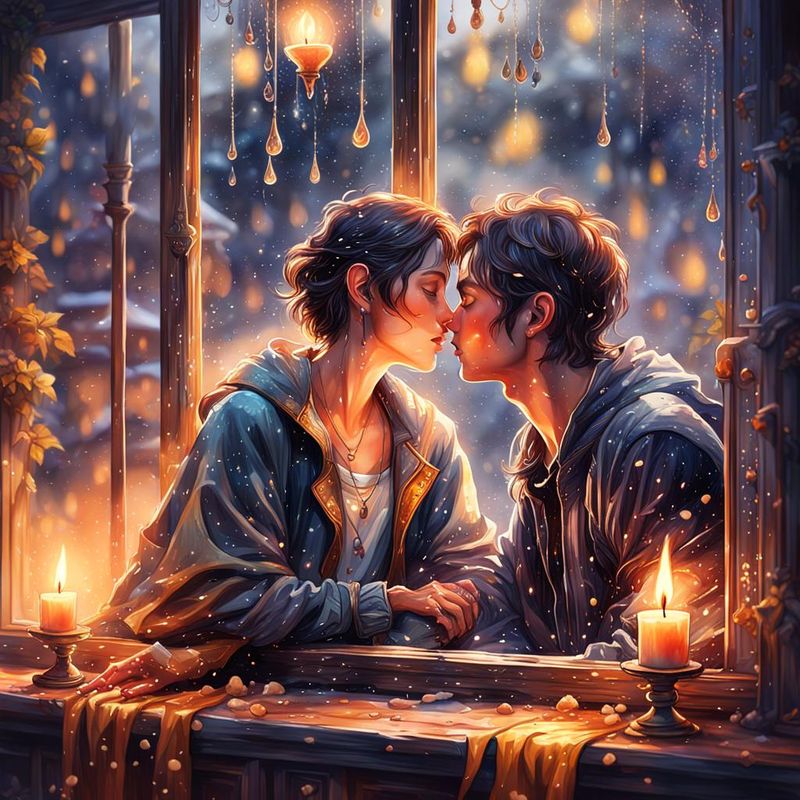 Young lovers in a candlelit window with raindrops